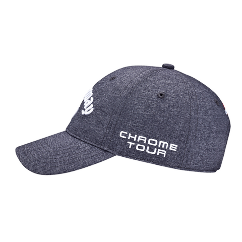 A dark gray Callaway Elyte Tour Authentic Performance Pro Hat with white CHROME TOUR side embroidery is shown from the left. This golf hat features a curved brim, visible stitching, and moisture-wicking comfort.