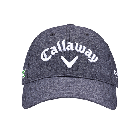 The Callaway Elyte Tour Authentic Performance Pro Hat is a dark gray golf hat with a curved brim, featuring white Callaway embroidery on the front, side logos, and moisture-wicking fabric for all-day comfort.