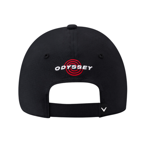 A black Callaway Elyte Tour Authentic Performance Pro Hat viewed from the back, with ODYSSEY and a red target embroidered above the adjustable strap, plus a small white Callaway logo on the side of this moisture-wicking golf hat.
