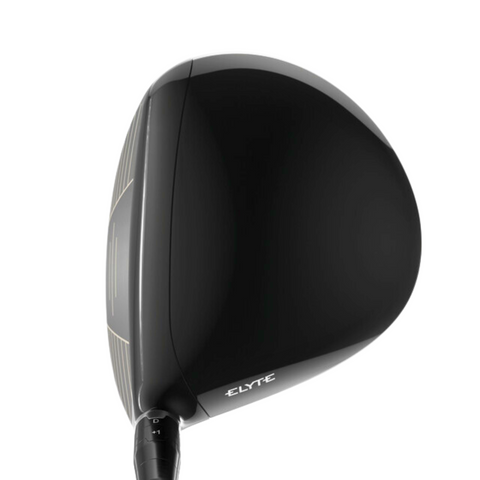 Close-up of a black Callaway Elyte Triple Diamond Driver club head with CALLAWAY branding, seen from above on a white background—an advanced, low-spin driver designed for serious golfers.