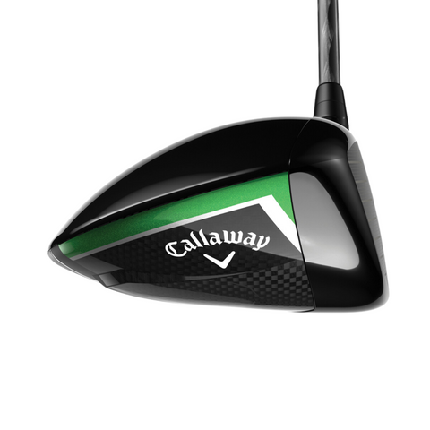 A close-up of the Callaway Elyte Triple Diamond Driver highlights its black, green, and silver clubhead with the Callaway logo and carbon fiber texture—a tour-inspired driver designed for low spin performance.