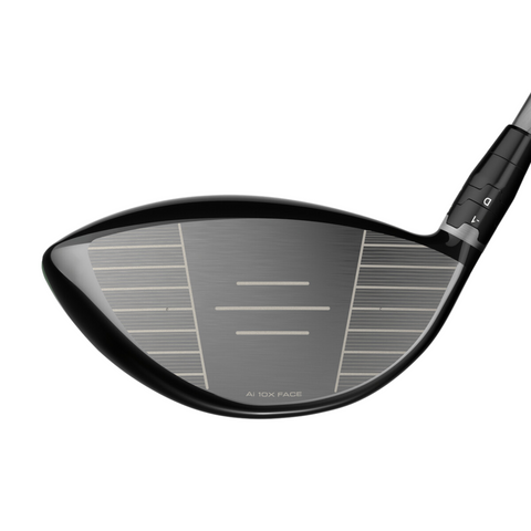 Close-up of the Callaway Elyte Triple Diamond Driver clubhead by Callaway, highlighting its sleek black finish, horizontal grooves, and alignment lines—a tour-inspired design engineered for low spin performance.
