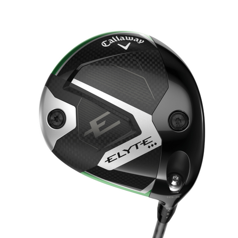 A close-up of the Callaway Elyte Triple Diamond Driver head highlights its tour-inspired black and silver design with a carbon fiber texture, visible screws, and Callaway branding, underscoring the driver’s refined details.