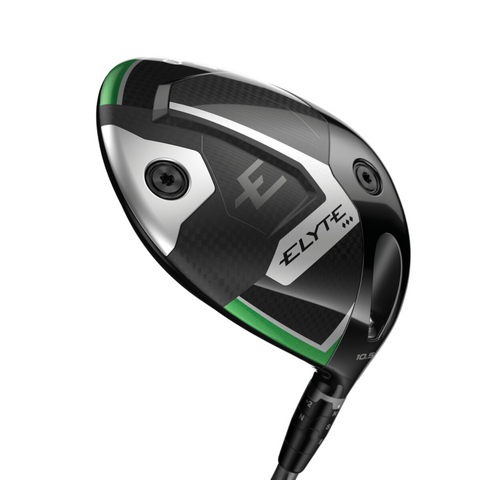 A close-up of the Callaway Elyte Triple Diamond Driver clubhead in black, silver, and green displays the Callaway brand name and stylized “E” logo on top.