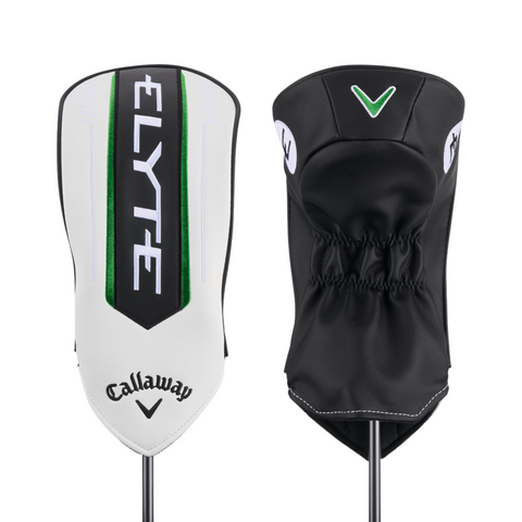 Two Callaway Elyte Triple Diamond Driver headcovers: the front is white with black and green accents and branding, while the back is black with a green and white Callaway logo—ideal for tour-inspired drivers.