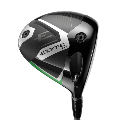 Close-up of the Callaway Elyte Triple Diamond Driver clubhead, featuring a black, silver, and green design with visible Callaway branding, adjustable weights, and a loft indicator on this tour-inspired driver.