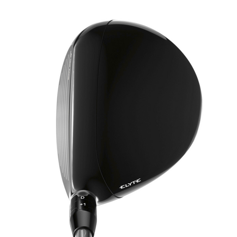 A close-up of the Callaway Elyte Triple Diamond Fairway Woods black head features ELYTE near the bottom, showcasing its glossy finish and angled face grooves designed for precision performance.