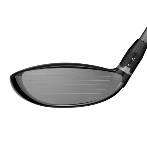 Close-up of the Callaway Elyte Triple Diamond Fairway Wood face, featuring horizontal grooves and AI 10X FACE engraved near the top edge for enhanced precision performance and low spin.