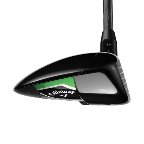 Close-up of the Callaway Elyte Triple Diamond Fairway Wood, featuring a black head with silver face and green accents, Callaway branding, adjustable hosel settings, and a low-spin design for precision. Club shown with shaft upward.
