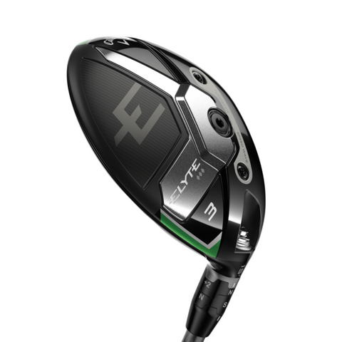 A close-up of the Callaway Elyte Triple Diamond Fairway Wood 3 head shows its sleek design, metallic accents, green highlights, and precision-engineered low spin performance.