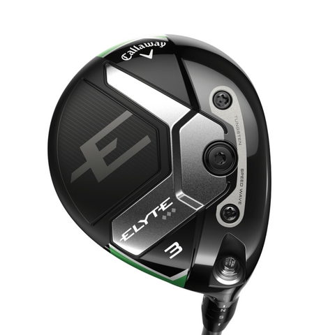 Close-up of the Callaway Elyte Triple Diamond Fairway Wood club head, showcasing black, silver, and green accents, Callaway branding, adjustment screws, and a sleek design for precision performance and low spin.