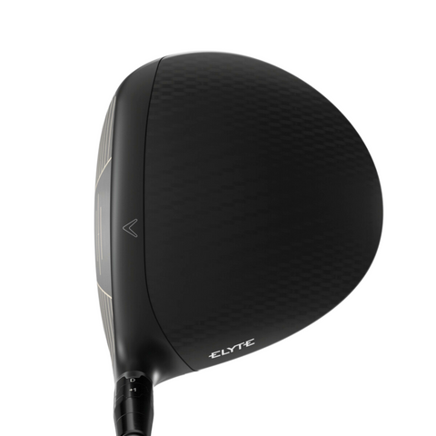Close-up of the Callaway Elyte X Driver clubhead by Callaway, featuring a matte black finish with subtle texture and ELYTE in white on the edge, designed to maximize long distance drives.