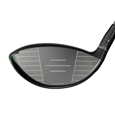 Close-up of the Callaway Elyte X Driver club head, featuring alignment lines, a central cross mark, and AI 10K FACE near the bottom—ideal for golfers looking for long-distance drives. Brand: Callaway.
