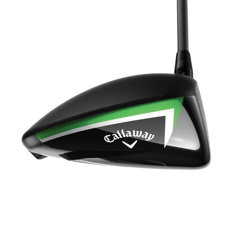A close-up of the Callaway Elyte X Driver head displays its black, green, and white design with the Callaway logo and chevron, engineered by Callaway for powerful long-distance drives.