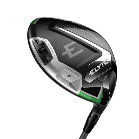 A close-up of the Callaway Elyte X Driver by Callaway, showcasing its black, silver, and green clubhead with adjustable weight settings and an aerodynamic design built for long-distance drives.