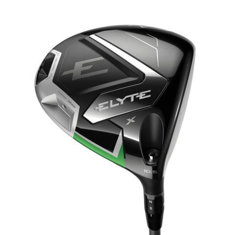 A close-up of the Callaway Elyte X Driver highlights Callaway’s large E logo on a sleek black, silver, and green clubhead with 10.5 loft and adjustable hosel—ideal for golfers aiming for long-distance drives.