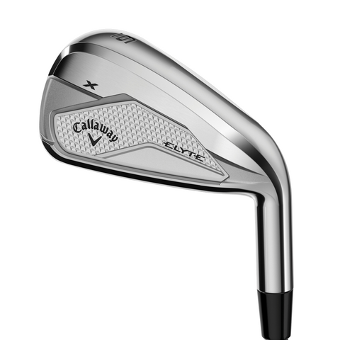 A close-up of the Callaway Elyte X Irons Set (4-PW + SW + AW) shows its silver finish, textured face, Callaway branding on the back, and part of the black grip—highlighting this premium men’s irons set’s forgiving design.