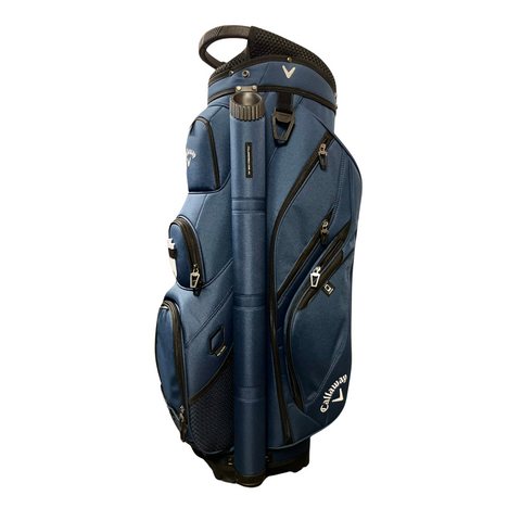 A blue Callaway Forrester Cart Bag 2025 with a 14-way top, multiple zippered pockets, top handle, and white Callaway branding is shown standing upright on a white background.