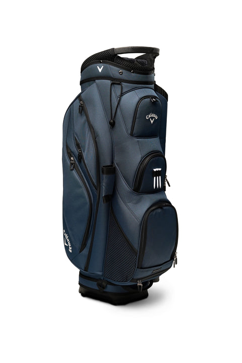 The Callaway Forrester Cart Bag 2025 by Callaway, shown in dark blue with a white logo, features a 14-way top, multiple zippered compartments, mesh side pockets, and a top handle. It stands upright on a white background.