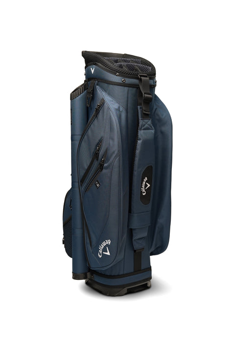 The Callaway Forrester Cart Bag 2025 in blue, featuring a 14-way top and multiple zippered pockets, stands upright on a white background with the Callaway logo visible on the side and pocket.