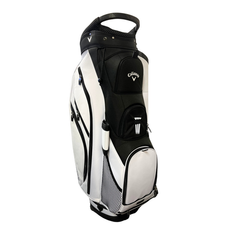 The Callaway Forrester Cart Bag 2025 by Callaway is a black and white golf cart bag with a 14-way top, multiple zippered pockets, mesh side pockets, and a carrying handle, shown standing upright on a white background.