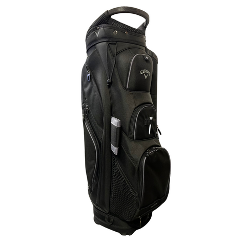 The Callaway Forrester Cart Bag 2025 is a black golf cart bag featuring multiple zippered pockets, mesh sections, and a 14-way top, shown standing upright on a white background.