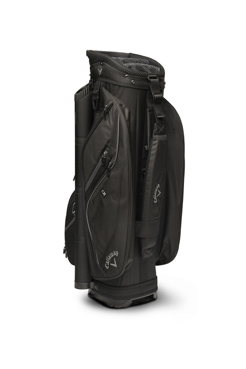 The Callaway Forrester Cart Bag 2025, in black, features a 14-way top, multiple zippered pockets, shoulder strap, and protective covers—combining style and function for any golfer. Shown upright against a white background.