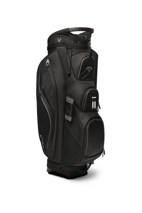 The Callaway Forrester Cart Bag 2025 in black features a 14-way top, multiple zippered pockets, top handle, and side cup holder—ideal as your next golf cart bag. Shown standing upright on a white background.