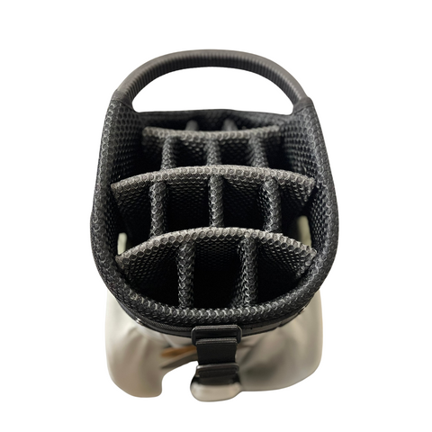 The Callaway Forrester Cart Bag 2025 is a black, padded golf cart bag with a 14-way top, flexible dividers, multiple compartments, and a handle, shown from above on a white background.