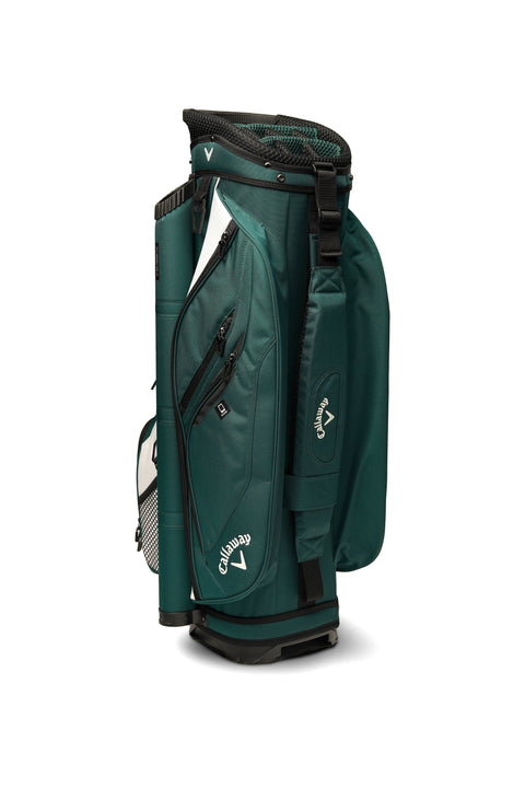 The Callaway Forrester Cart Bag 2025 features a green design, upright stance, 14-way top, several zippered pockets, a mesh side pocket, and the Callaway logo in white on the side and front.