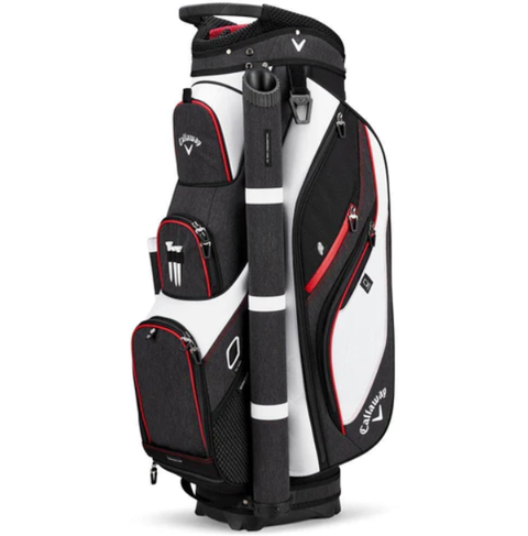 The Callaway Forrester Cart Bag | Prior Generation, in White/Black/Red, features multiple zippered pockets, carrying handles, and club dividers; this cart-friendly bag stands upright on its base.