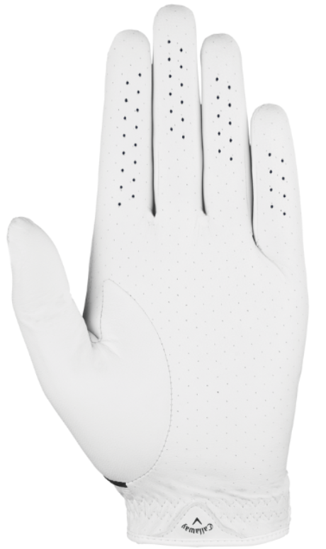 The Callaway Fusion Men’s Golf Glove for men is shown palm forward. Made of premium leather, this right-hand glove has small ventilation perforations and features the Callaway logo near the wrist.