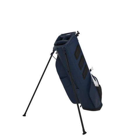 The Callaway Hyperlite Zero 25 Stand Bag by Callaway is a navy blue golf bag with black accents, shown upright on two black legs. This ultra-lightweight stand bag features multiple pockets and compartments for organization.