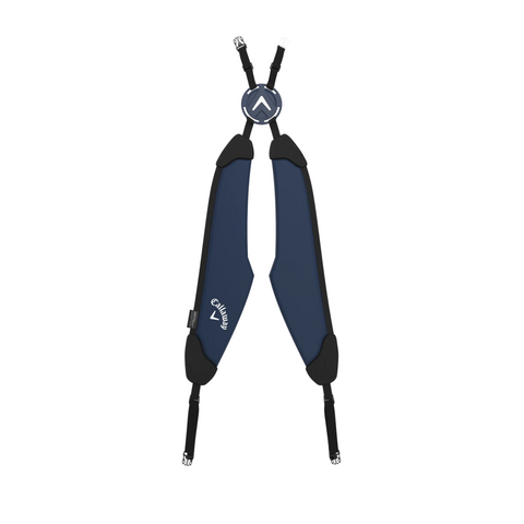 A navy blue and black padded shoulder harness with adjustable straps, plastic buckles, and the Callaway logo—designed for use with the ultra-lightweight Callaway Hyperlite Zero 25 Stand Bag.