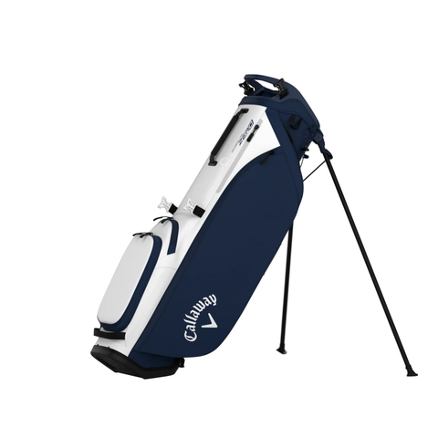 The Callaway Hyperlite Zero 25 Stand Bag, shown in blue and white with the Callaway logo, features multiple pockets and extended legs—an ultra-lightweight golf bag by Callaway designed for effortless carrying.