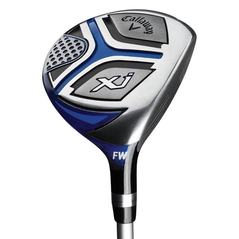 A close-up of a Callaway Junior XJ Level 2 golf club head from the 6-piece set by Callaway, showing blue, black, and silver details with FW at the base—ideal for beginner junior golfers.