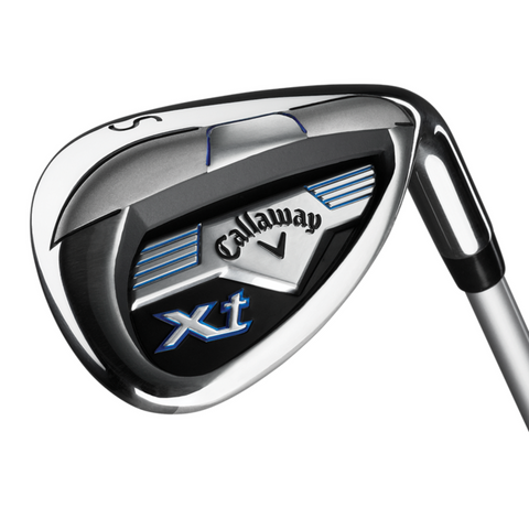 Close-up of a Callaway Junior XT 10-Piece Golf Set club head featuring “Xt” in blue and white with black, silver, and blue accents. The number 5 appears on the top—ideal for young golfers upgrading their clubs from Callaway.