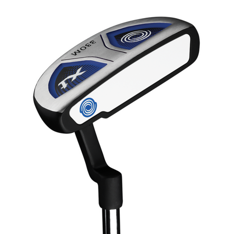 A close-up of the Callaway Junior XT 10-Piece Golf Set putter with a silver and white face, blue accents, and a black handle—perfect for junior golfers—showcasing the Callaway brand logo.