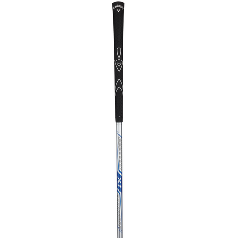 A close-up of the Callaway Junior XT 10-Piece Golf Set shows a black grip with white details and a silver shaft with blue and white accents.