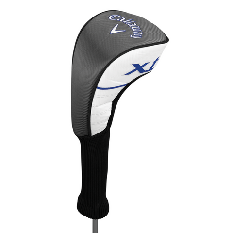 A black, white, and gray Callaway headcover with X branding keeps clubs from the Callaway Junior XT 10-Piece Golf Set protected.