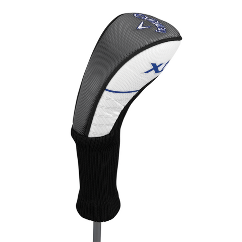 The Callaway Junior XT 10-Piece Golf Set includes a black, white, and gray headcover with blue X lettering and a knit sock bottom for secure protection of junior golf clubs.