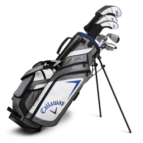The Callaway Junior XT 10-Piece Golf Set by Callaway includes several junior golf clubs with head covers and a white, gray, and blue stand bag that stands upright on extended support legs.