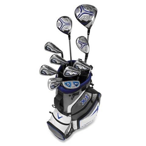 The Callaway Junior XT 10-Piece Golf Set features drivers, irons, and a putter with head covers, all neatly arranged in a white, gray, and blue Callaway bag—ideal for young golfers.