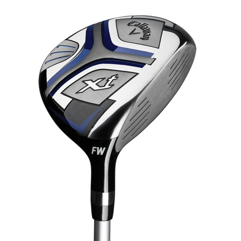 A close-up of a Callaway Junior XT 10-Piece Golf Set club head highlights its metallic surfaces with blue, black, and silver design accents along with FW printed on the hosel.