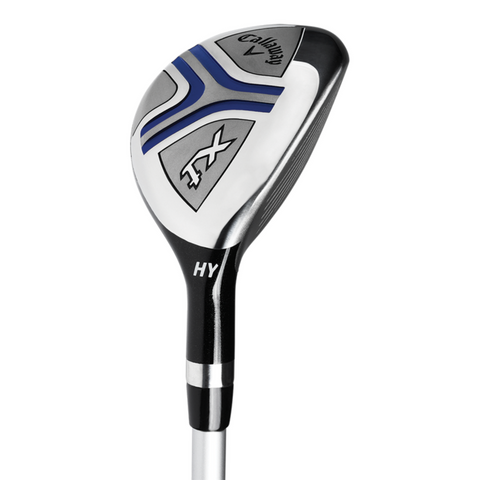 A close-up of a Callaway Junior XT 10-Piece Golf Set hybrid club, featuring silver, black, and blue details, with HY on the hosel and X on the clubhead.
