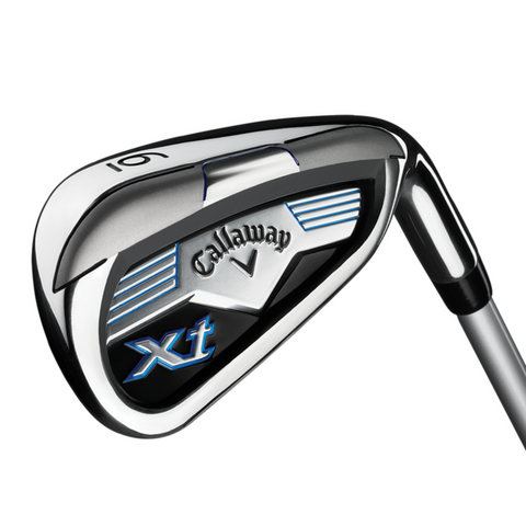 A close-up of a Callaway golf iron from the Callaway Junior XT 10-Piece Golf Set, showing a silver and black clubhead with blue and white accents and the Callaway logo.