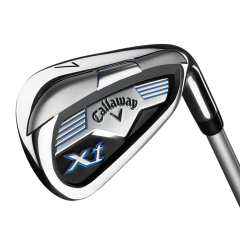 A close-up of a Callaway 7-iron with blue and silver XT branding, part of the Callaway Junior XT 10-Piece Golf Set for young golfers.