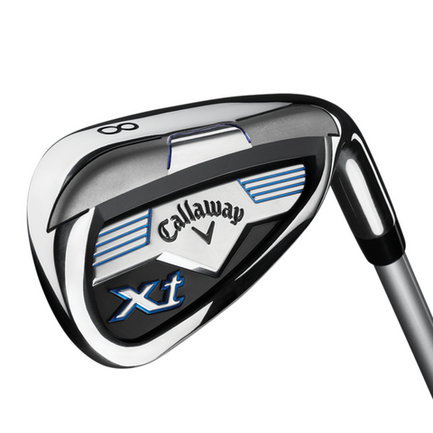 A close-up of a Callaway Junior XT golf iron labeled 8, with a polished silver and black head, blue accents, and the Xt logo—perfect for the Callaway Junior XT 10-Piece Golf Set by Callaway.