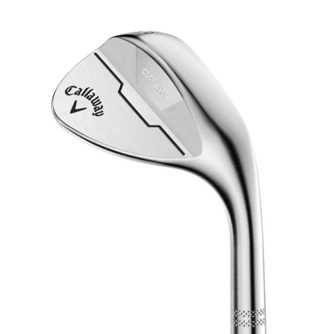 The Callaway Men's OPUS Brushed Chrome Wedge features a sleek silver design with the Callaway logo and "Jaws" engraved on the clubhead, offering exceptional spin control and tour-level shaping, shown against a white background.