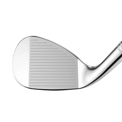 Close-up of the Callaway Men's OPUS Brushed Chrome Wedge clubface, showcasing its tour shaping, horizontal grooves, and smooth surface for exceptional spin control, set against a white background.